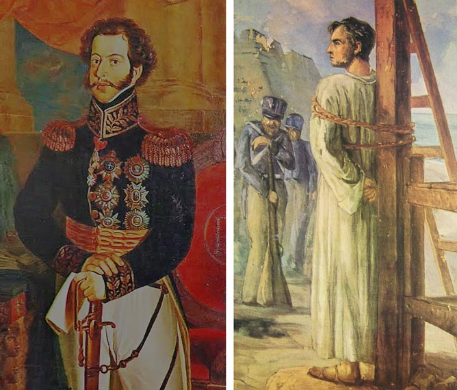 D. Pedro I, que reprimiu a Confederação do Equador, e Frei Caneca, executado por defender a descentralização do poder.